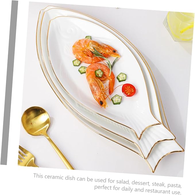 Amosfun Ceramic Fish Plate Gold Trim Decorative Fish Shaped Dish Serving Tray for Appetizers and Snacks Elegant Tableware for Parties Banquets and Home Use