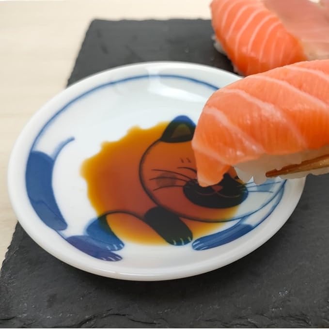 Dessert Sushi Soy Sauce Salad Small Plate Set Ceramic Cats Design Set of 5 Made In Japan Sleeping Cat