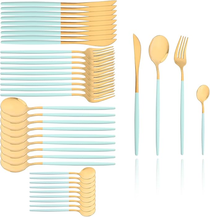 40 Pcs Silverware Set With Teaspoon For 10, Food Grade Stainless Steel Utensils Tableware Set, Elegant & Simple Flatware Serving Set Include Knife Fork Spoon, Mirror (Mint Green Gold)