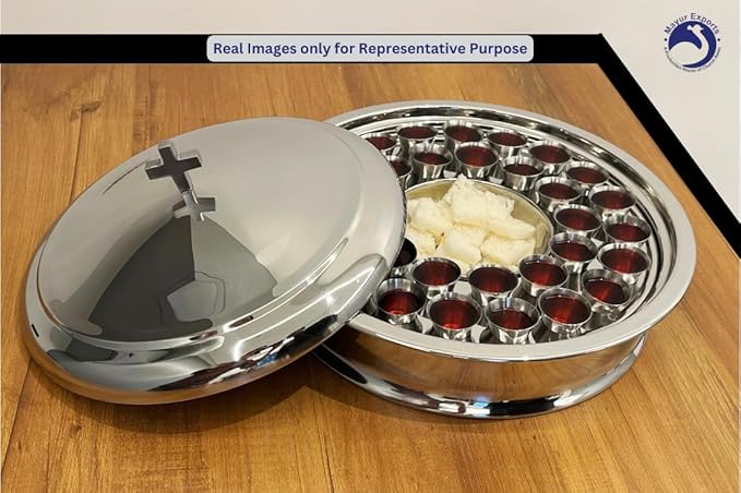Communion Ware Church Set | 1 Communion Wine Tray with Center Bread Plate and Cover | 32 Cups Capacity Tray | Ideal for Churches | Stainless Steel - Shiny (Silver) Finish