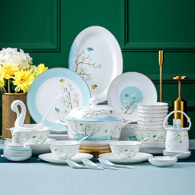 60 Pieces Bone China Dinnerware Set White Magnolia Blossom Pattern Chinese Ceramic Bowl Dish Plate and Disk Set