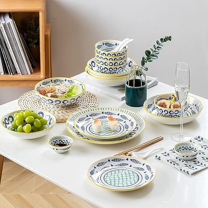 Dinnerware Sets Dish Set,19 Pcss,Creativity Japanese-Style Porcelain Tableware Set with Plates and Bowls,Ceramic Dinner Set for Home Kitchen