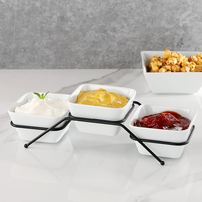 3 pcs square bowl Porcelain Chip & Dip Serving Set with Black Metal Stand, 4.5inch White Small Serving Bowls for Side Dishes, Salsa, Appetizer, Serving Dishes for Entertaining 11.5 OZ