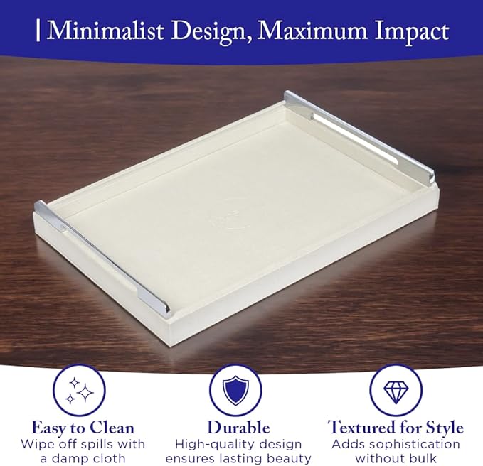 Large Serving Tray 18 by 14 Inch, Luxury Faux Shagreen Leather Ottoman Tray with Metal Handle, Waterproof and Sturdy Tray for Coffee Table, Makeup, Vanity, Organizer, Decorative Tray, Ivory