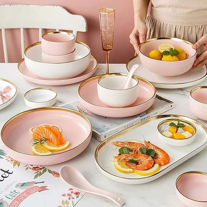 Porcelain Dinnerware Sets Plates and Bowls Sets 30 Pieces Porcelain Dinnerware Set, Nordic Style Tableware Set, Pink and White Dish with Phnom Penh, Dishwasher Safe