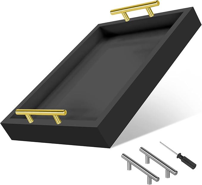 Coffee Table Tray - with Gold and Silver Metal Handles for Serving, Home Decor, Bathroom, Ottoman Design, Wooden Tray 16x12in (Black)