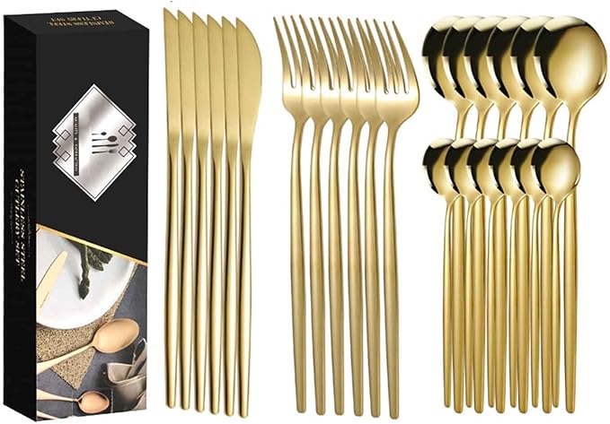 24 PCS Luxury Flatware Set Satin Finished, Matte Flatware Set Serving for 6 for Formal Events, Parties, Tablewar, Home and Restaurant, Dishwasher Safe(Gold,A)