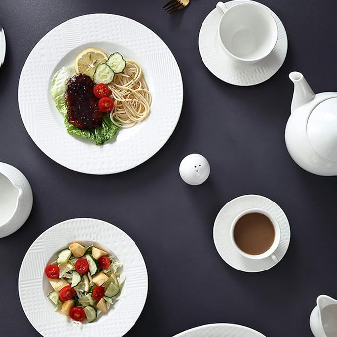 Dinner Plates,Pottery Tableware,48 Pieces Dinnerware Sets, White Ceramics Dinner Sets, Complete Porcelain Combination with Plates, Bowls, Mugs, Coffee Cups and Tea Pot, Microwave S