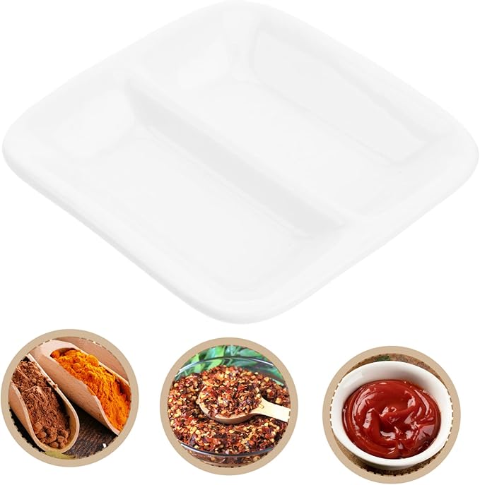 2 Pcs Pure White Ceramic Snack Serving Tray Divided Sauce Dishes with Compartments for Spice Dish Condiments and Dips Versatile Appetizer Plates