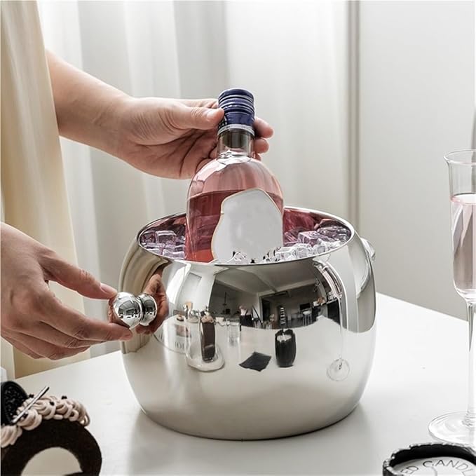Stainless Steel Ice Bucket with Round Bead Handles, Creative Ice Bucket for Parties, Modern Drink Chiller Suitable for Bar, Home, Large Capacity(C)