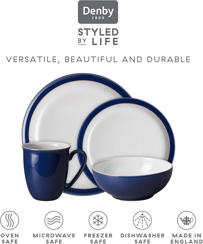Denby - Elements Dark Blue Dinner Set For 1-4 Piece Ceramic Tableware - Dishwasher Microwave Safe Crockery Single Place Setting - 1 x Dinner Plate, 1 x Small Plate, 1 x Cereal Bowl, 1 x Coffee Mug