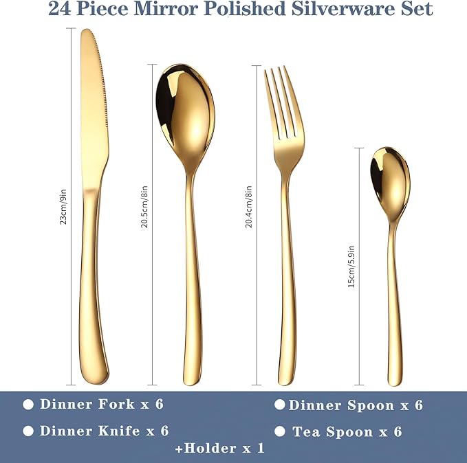 24 Pieces Flatware Set, Stainless Steel Cutlery Set with Silverware Holder, Spoons Forks Knives Set,Hanging Silverware Set Service for 6,Dishwasher Safe (Gold)