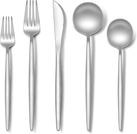 Stapava Matte Silverware Set for 12, 60-Piece Stainless Steel Flatware Eating Utensils Sets, Satin Finish Cutlery Include Forks Spoons and Knives Set for Home Restaurant Hotel, Dishwasher Safe