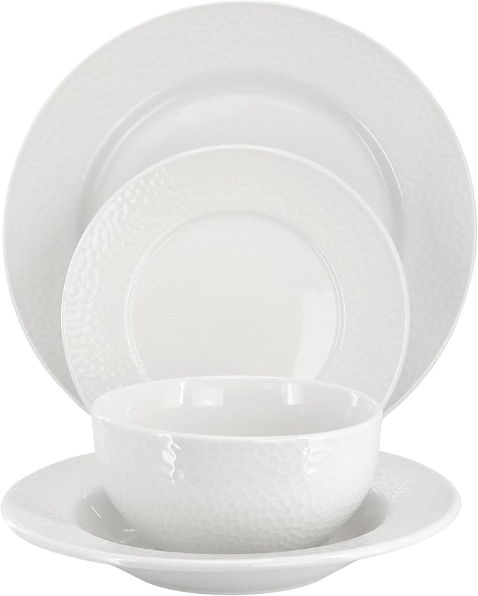 Elama Soyer 16 Piece Textured Design Double Bowl Porcelain White Dinnerware Set, Serveware, Tableware, Bowls, Plate Set (Soyer)
