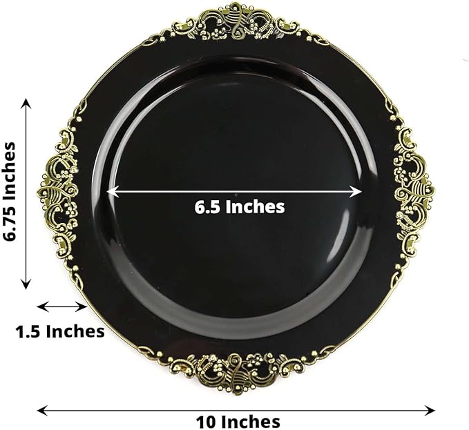 10" Dinner Plates -Set of 30 - Plastic Black Round Baroque Disposable Chargers Leaf Embossed Rim, Ideal for Dinner Party Wedding Bulk Events