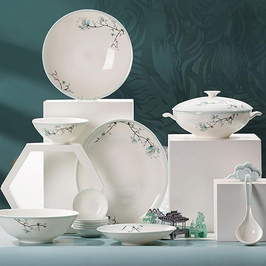 Elegant Bone China Dinnerware Set Service for 4/6/8 People Porcelain Dinnerware Sets Ceramic Dinner Sets with Dishes/Plate/Bowl Lead-Free Tableware Dishwasher & Microwave Safe 48 P (White 48 Pcs)