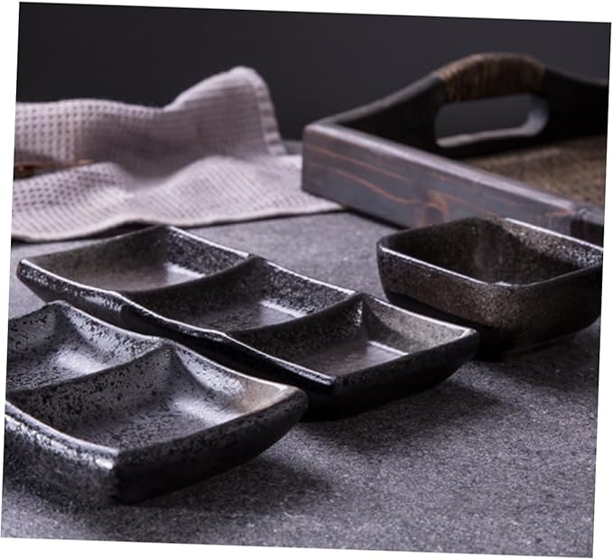 2pcs Retro Square Ceramic Sauce Dishes 3-Grid Snack and Seasoning Bowls Food Dipping Plates for Appetizers and Desserts