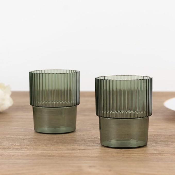 TCF Linen 12 Pack Hunter Green Plastic Tumblers, 7oz Stackable Ribbed Reusable Shatterproof Short Drinking Glasses, Elegant Origami Design for Weddings Parties Catering Cocktails