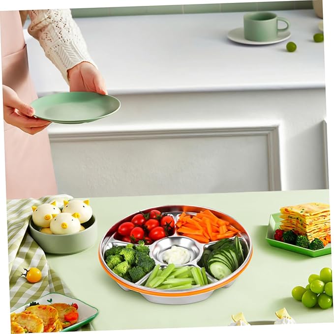 Divided Stainless Steel Serving Tray with Lid Six Compartment Fruit and Veggie Platter Easy Clean Snack Organizer for Family Meals Picnics and Office Lunches