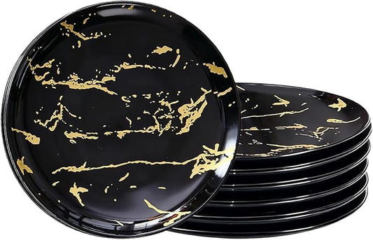6-Piece Black Marble Ceramic Plates with Gold Rim, 8-Inch Dinner Plates Set, Oven & Microwave Safe, Dishwasher Safe, Elegant Appetizer, Salad, and Dessert Plates for Modern Dining