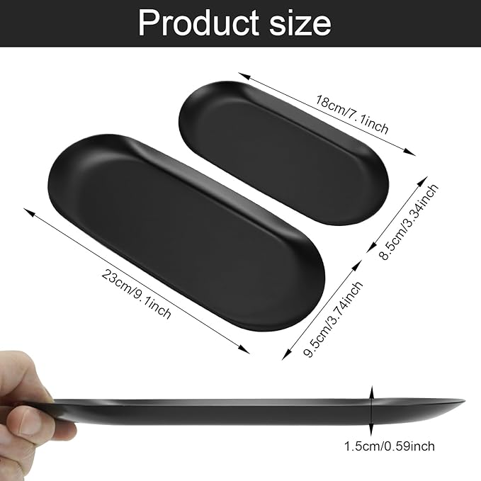 Stainless Steel Decorative Tray Set of 2 Serving Trays Cosmetics Organizer Bathroom Clutter Serving Platter 7/9 Inch Small Storage Tray (Black)
