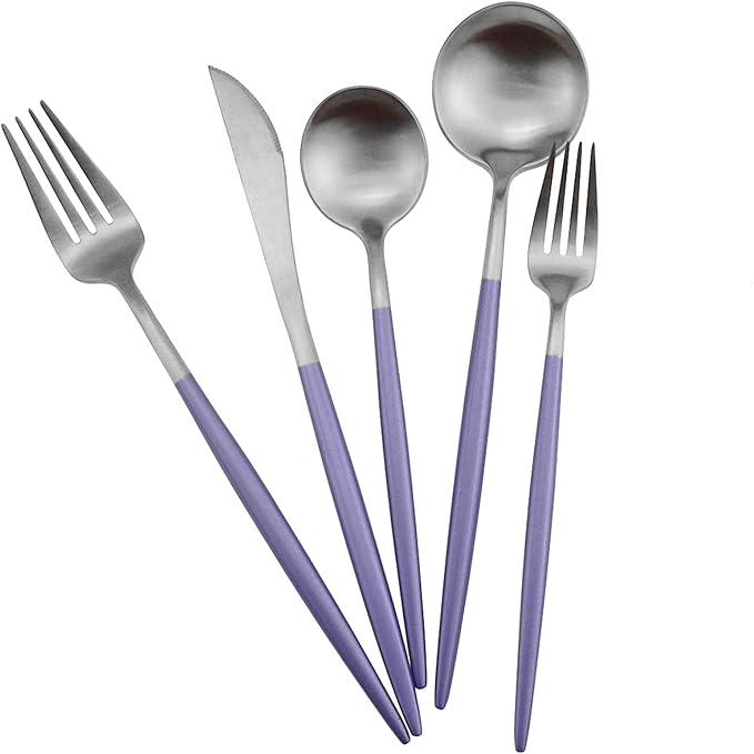 Gugrida Luxury Flatware, Royal 20 Piece Matte Purple Handle 18/10 Stainless Steel Tableware Sets for 4 Including Forks Spoons Knives, Camping Silverware Travel Utensils Set Cutlery (Purple Silver)