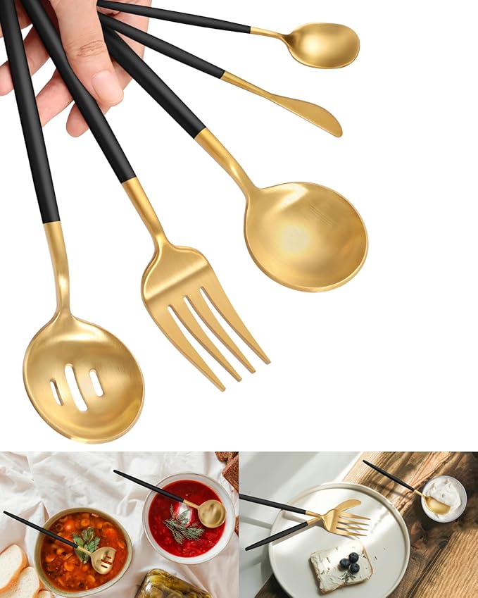 Serving Utensils,Ollex 5PCS Stainless Steel Matte Serving Utensil set include Large Serving Spoon, Slotted, Butter Knife and Sugar Spoon,Heavy Duty Hostess Utensils Serving Set for Parties Banquet