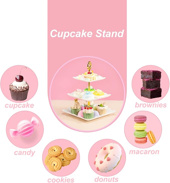 Supernal 3 Tier Cupcake Stands - 6pcs Plastic Trays, 4 Pack Round & Square Cake Trays Set