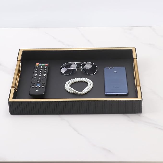 Wooden Structure Leather Decorative Coffee Table Square Tray, Farmhouse Counter PU Tray - Room Serving Trays, Brushed Champagne Gold Handle (Black)
