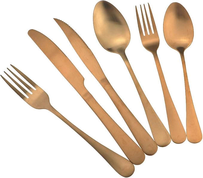 Gugrida 24-Piece Titanium Rose Gold Plated Stainless Steel Flatware Set, Travel Cutlery Include Knife Fork Spoon Service for 4,Healthy & Eco-Friendly Silverware - Matte Elegant Modern Eating Utensils