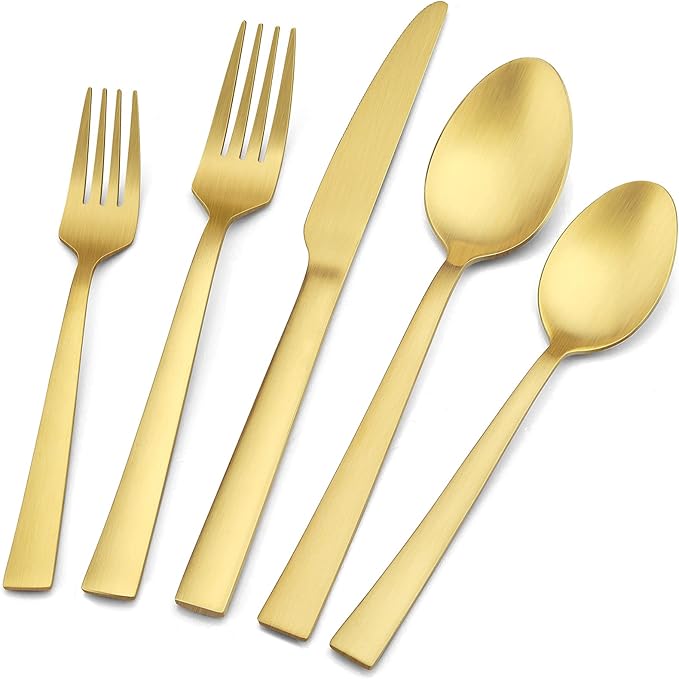 40-Piece Matte Gold Silverware Set, E-far Stainless Steel Flatware Set Service for 8, Metal Cutlery Eating Utensils Tableware Includes Forks/Spoons/Knives, Square Edge