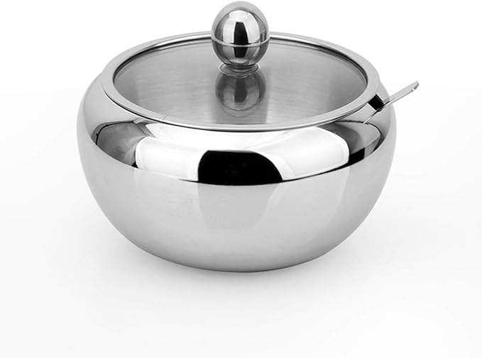 Stainless Steel Sugar Bowl with Clear Lid and Spoon, Polishing Process, Easy to Clean- 530ml/ 18 Oz