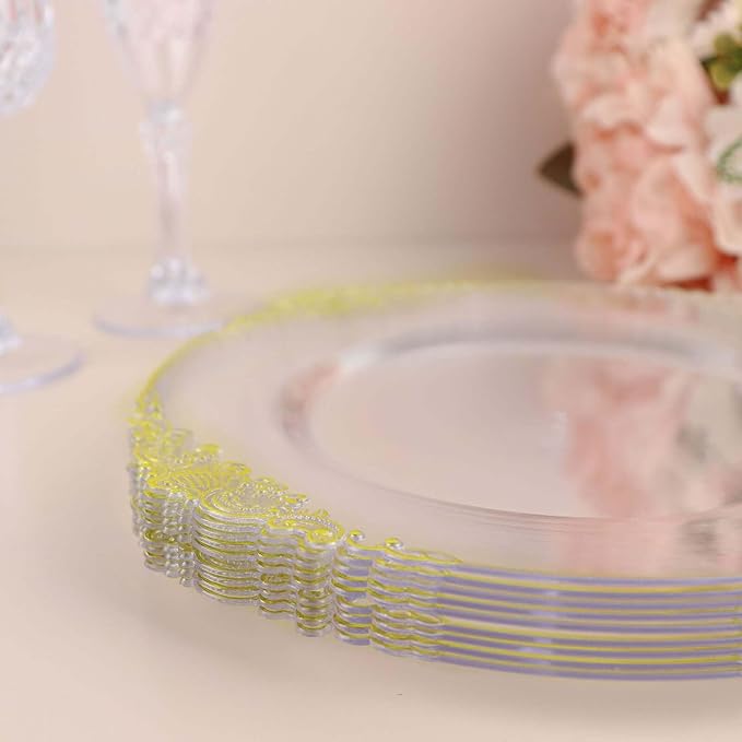 8" Salad Plates -Set of 30 - Plastic Clear Gold Round Baroque Disposable Chargers Leaf Embossed Rim, Ideal for Dinner Party Wedding Bulk Events