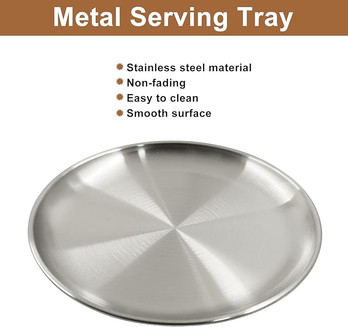 Piutouyar 2 Pcs 20 cm / 7.87 Inch Round Serving Tray, Stainless Steel Circular Metal Platter, Decorative Tray Silver Dinner Dishes for Kitchen, Bathroom, Home