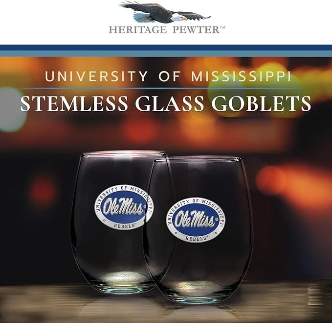 Heritage Pewter Ole Miss Rebels Stemless Glass Goblets – Set of 2 | 15 OZ Goblet Wine Glasses | Expertly Crafted Pewter Glass
