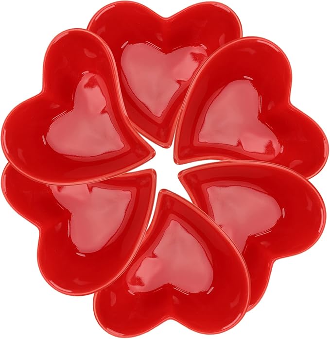 Alipis Heart Dipping Sauce Bowls 6Pcs Red Love Heart Shaped Ceramic Side Dish Bowl Appetizer Plates for Wedding Mothers Day Party