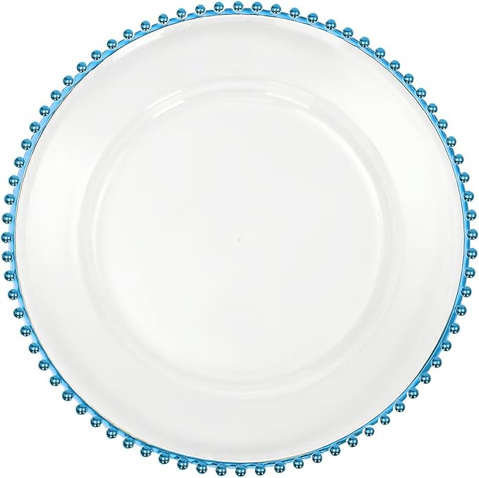 25 Pack Blue Charger Plates – Elegant Round Decorative Plates with Beaded Edge – Clear & Gold Hot-Stamped PS Platters for Weddings, Parties, Banquets – Stackable, Reusable
