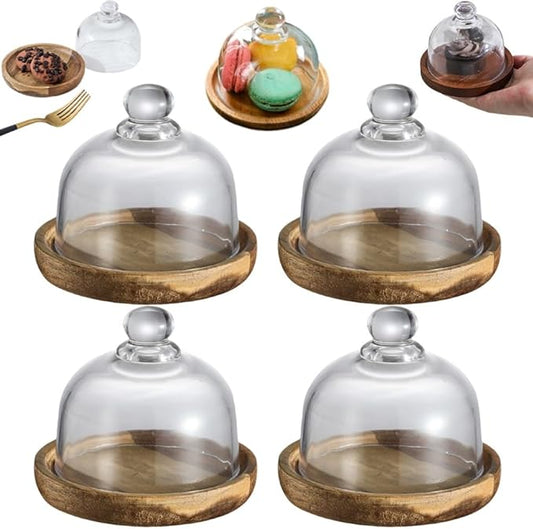 Charcuterie Snow Globes, Glass Cake Stand with Dome, Wood Cake Stands with Lid, Mini Clear Glass Display Candy Domes, Snow Globe Container for Cheese Snacks and Holiday Table Decor(Wood*4)