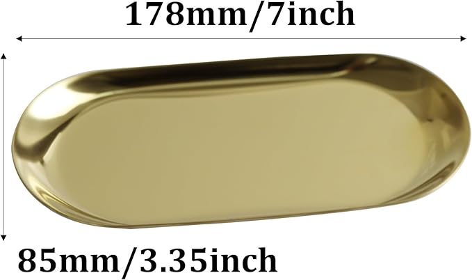2Pcs 7x3.3inch Stainless Steel Decorative Trays, Oval Jewelry Dish Cosmetics Organizer, Gold Serving Platter for Bathroom Vanity Dresser Storage