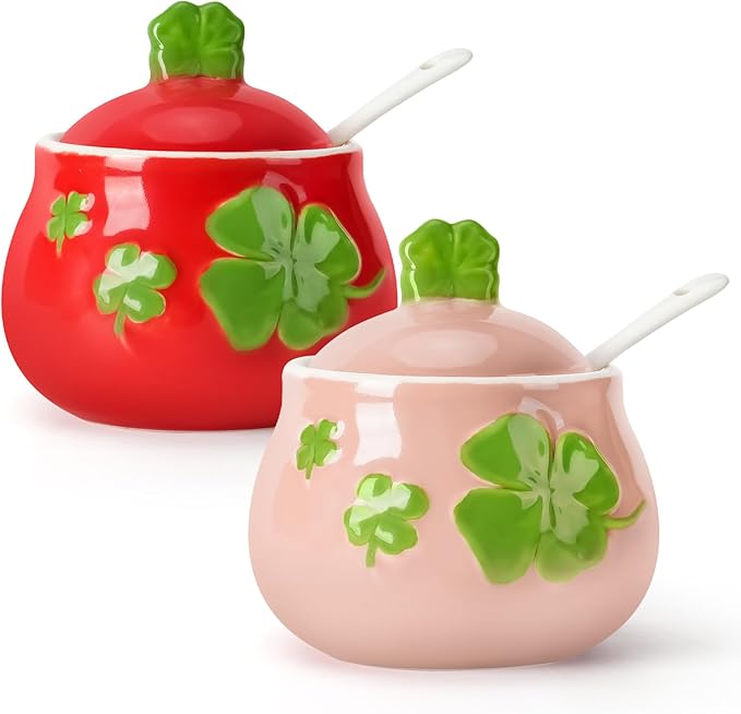 Sugar Bowl Set of 2 with Lid and Spoon Sugar and Salt Container Set,Decorative Spice Jar for Kitchen,Coffee,Dining Table & Tea Time,Ceramic Sugar Bowl and Creamer Set for Salt,Sugar,Jam or Honey
