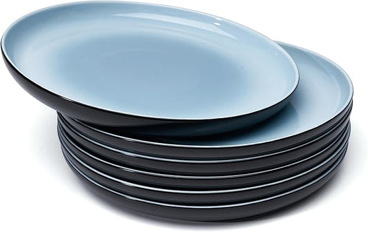 Sweese Porcelain Dinner Plates Set of 6, 10 Inch Lightweight Round Dish Set - Dishwasher, Microwave, Oven Safe, Scratch Resistant, Kitchen Serving Dishes- Black & Blue