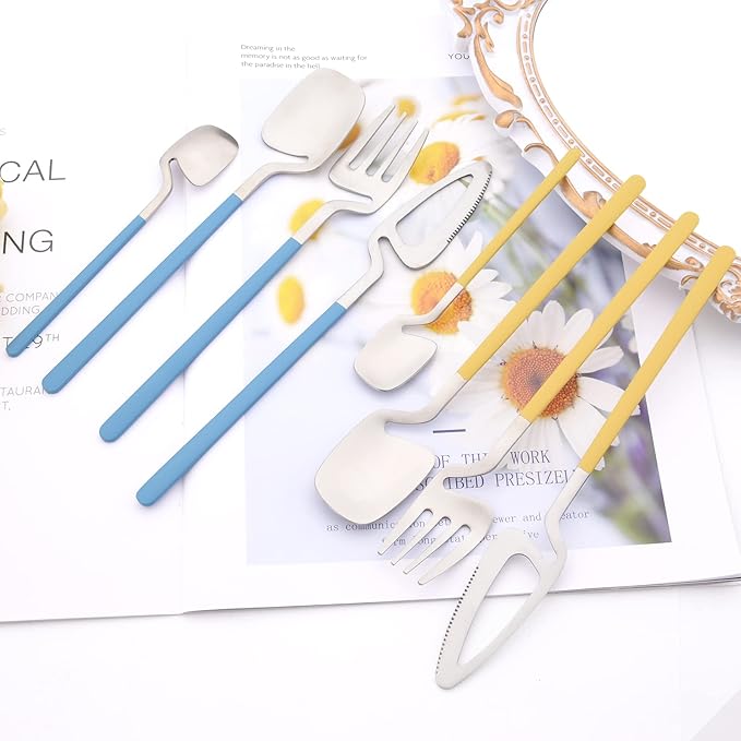 8 Pcs 304 Stainless Steel Flatware Set For 2 People, Matte Creative Hanging Cutlery With Bright Blue Handles, Daily Use For Picnic Travel Hiking Couples And Friends (Blue Silver)