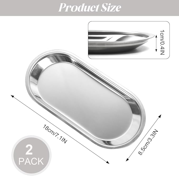 Silver Tray 2 Pack Stainless Steel Decorative Tray 7 in Vanity Tray Jewelry Dish Tea Fruit Cosmetics Clutter Storage Dish Plate Bathroom Kitchen Table Serving Platter,Oval,Silver