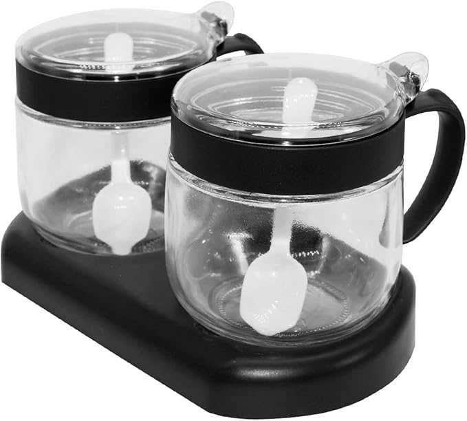 NAN Wind Glass Seasoning Box Set,12oz/350 ml Condiment Set With Lids and Spoon,Clear Glass Condiment Canisters,2Pack Scondiment Jar Set for Sugar Pepper for Kitchen Counter(Black)