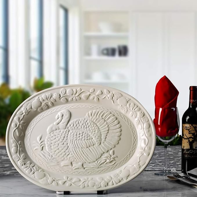 Holiday Serving Platter Thanksgiving Turkey Serving Set - Large Ceramic Turkey Platter & Turkey Baster Injector - Perfect for Holiday Dinners