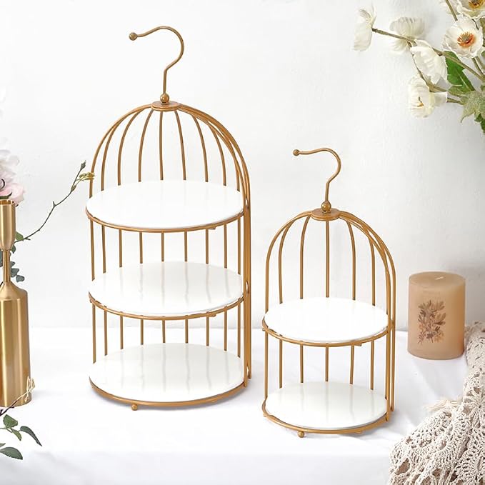 an 8.2*18.5-inch and a 6.5*13.5-inch Three-Layer Polypropylene Double-Layer Polypropylene Birdcage-Shaped Dessert Serving Tray Display Stand, Suitable for Decoration of Wedding Reception Tables.