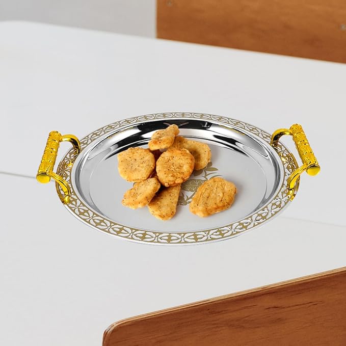 Elegant Round Gold Pattern Stainless Steel Serving Tray European Style Buffet Plate for Fruit Dessert Jewelry Storage and Home Decor
