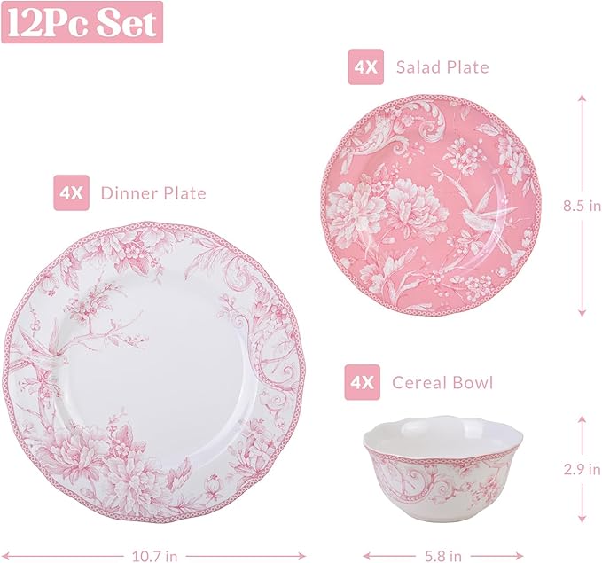 222 Fifth Adelaide Blush 12-Piece Pink Porcelain Dinnerware Set – Service for 4, Plate & Bowl Set, White with Pink Floral Pattern, for Daily Dining & Entertainment, Microwave & Dishwasher Safe