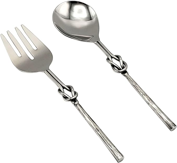 Elyon Reef Knot Reflective Silver Salad Serving Set Indian Artisan Made Hostess Set Hand Forged Stainless Steel 2 Pieces