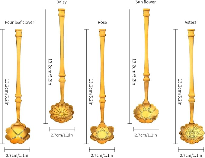 10 Pcs Flower Spoon Coffee Teaspoon Set, Stainless Steel Tableware Creative Dessert Spoons Sugar Coffee Teaspoon Ice-Cream Mixing Stir Bar Ice Tea Spoon (Gold)